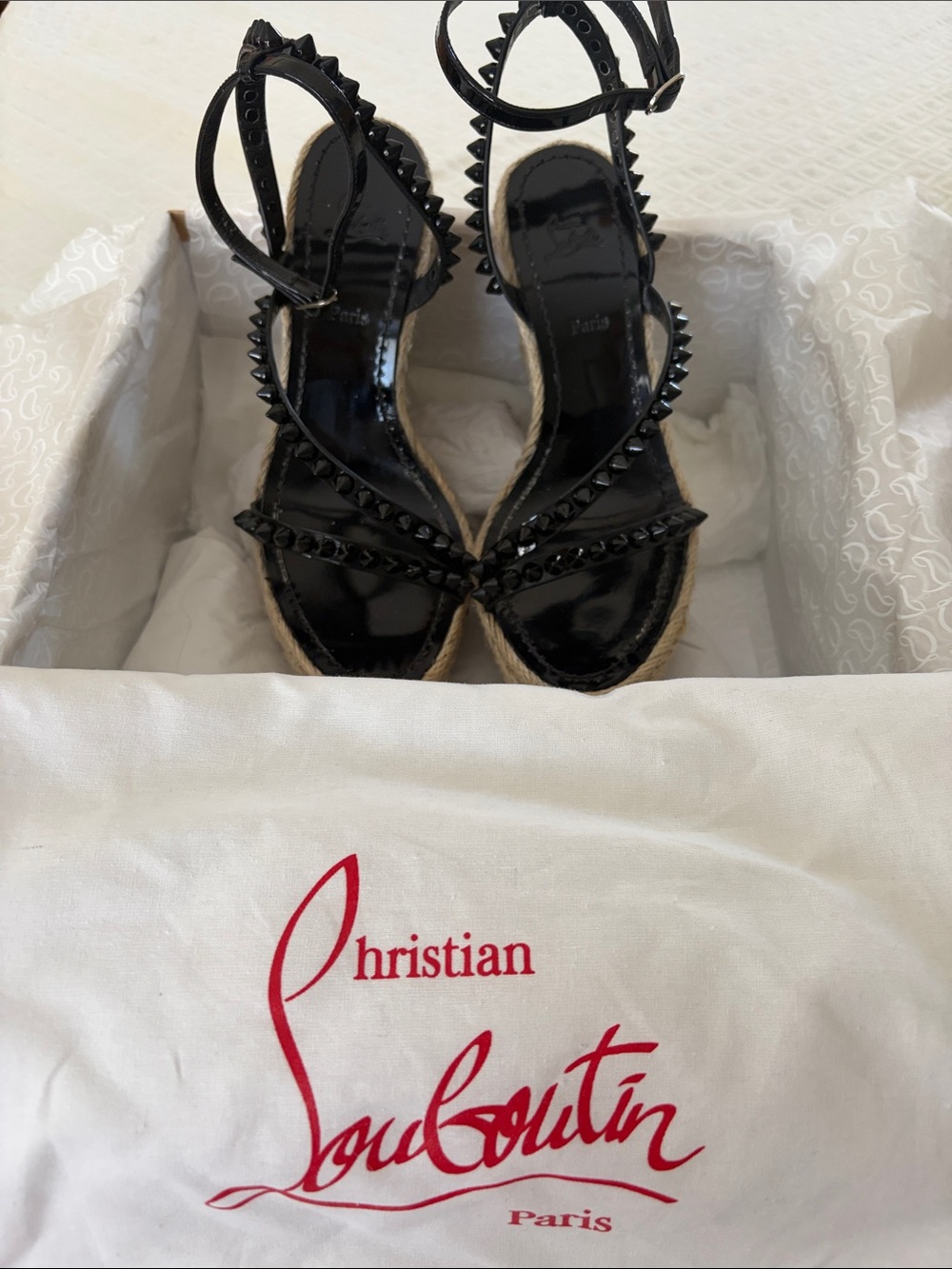 Christian Louboutin Black Patent Studded Espadrille Wedges
